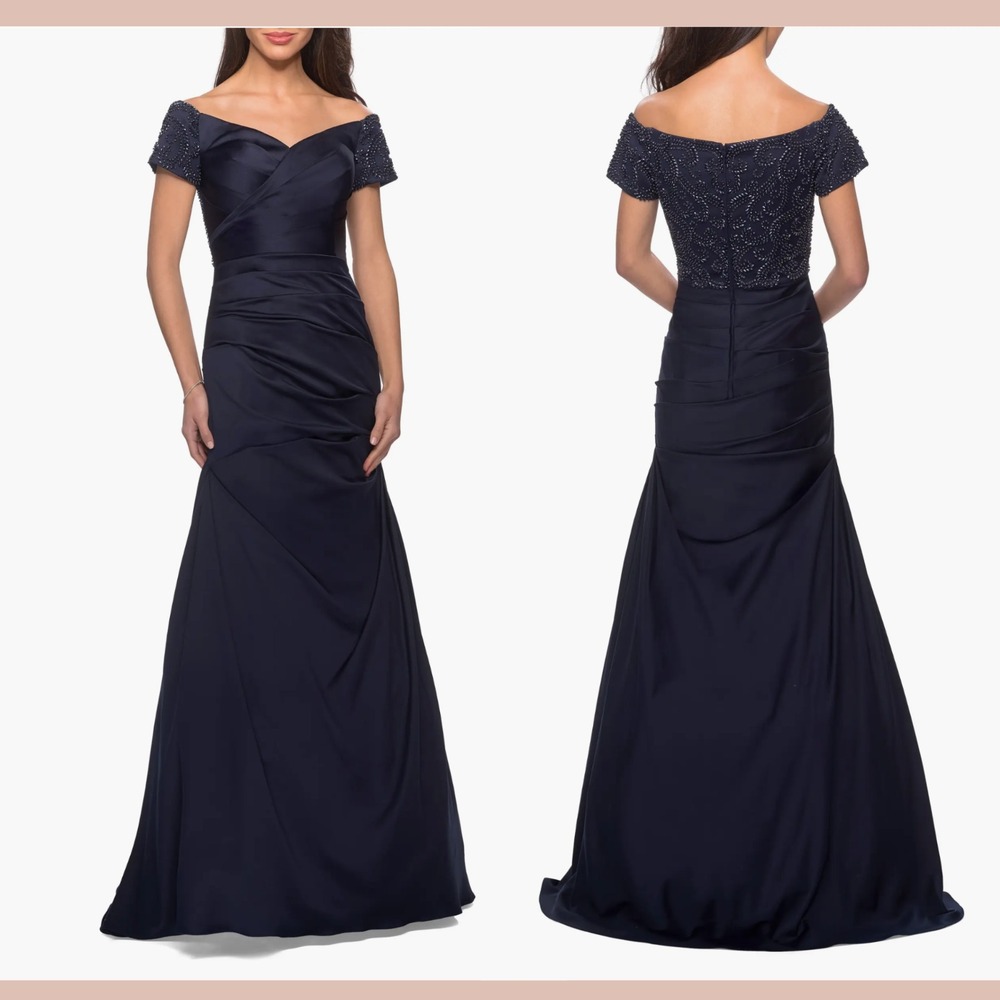NEW $599 La Femme [ 0 ] Off the Shoulder Beaded Satin Trumpet Gown‎ blue J2239